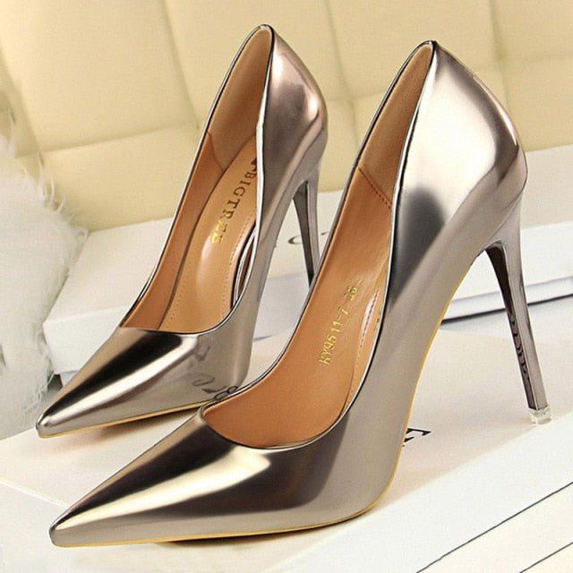 xakxx Woman Pumps Patent Leather High Heels Shoes Women Basic Pump Wedding Shoes Female Stiletto Women Heel Plus Size 43
