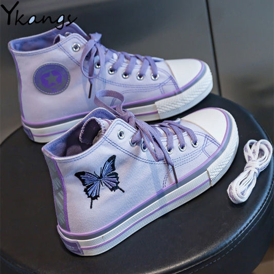 xakxx Purple Butterfly embroidery Women Canvas Sneakers Patchwork espadrilles Girl Reflective Black Hip Hop Running Platform Shoes