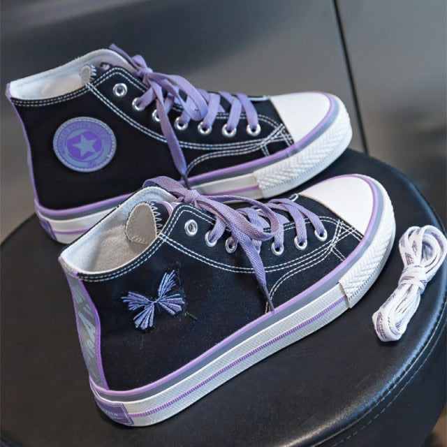 xakxx Purple Butterfly embroidery Women Canvas Sneakers Patchwork espadrilles Girl Reflective Black Hip Hop Running Platform Shoes