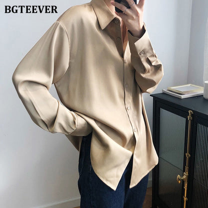 New Chic Women Satin Shirts Long Sleeve Solid Turn Down Collar Elegant Office Ladies Workwear Blouses Female