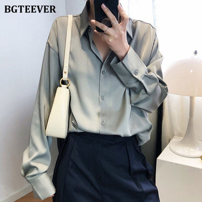 New Chic Women Satin Shirts Long Sleeve Solid Turn Down Collar Elegant Office Ladies Workwear Blouses Female