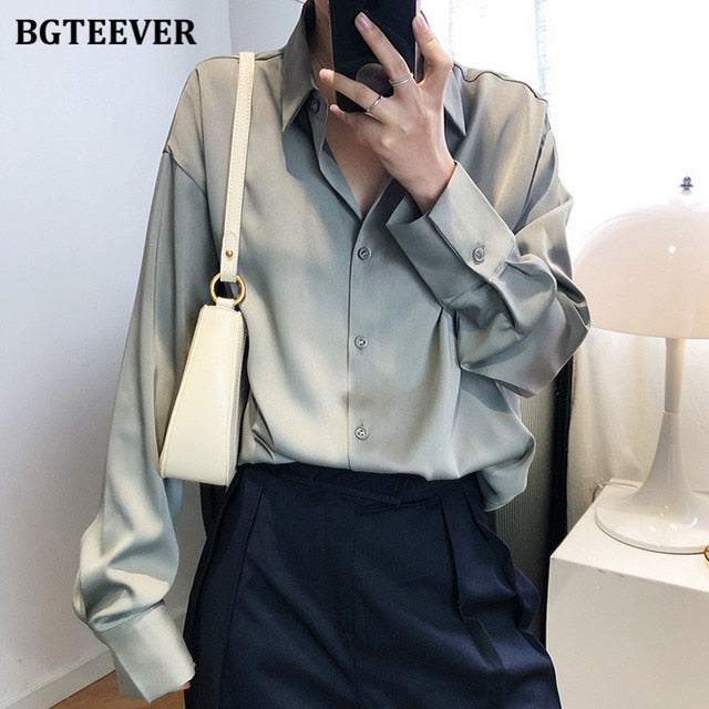 New Chic Women Satin Shirts Long Sleeve Solid Turn Down Collar Elegant Office Ladies Workwear Blouses Female