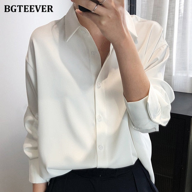 New Chic Women Satin Shirts Long Sleeve Solid Turn Down Collar Elegant Office Ladies Workwear Blouses Female