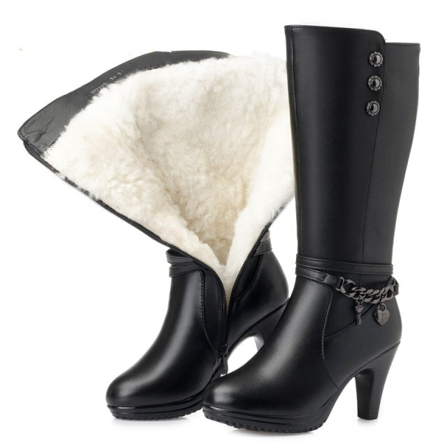 Female winter shoes Woman boots high-heeled Genuine Leather motorcycle boots thick wool warm winter boots riding Boot