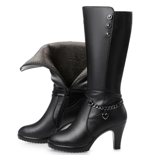 Female winter shoes Woman boots high-heeled Genuine Leather motorcycle boots thick wool warm winter boots riding Boot