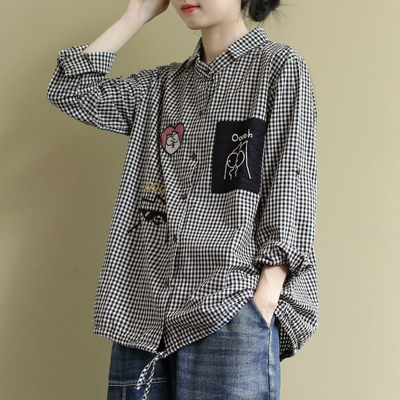 Plus Size Women Casual Shirt New  Korean Style Vintage Plaid Cartoon Embroidery Oversized Female Woman Blouses Shirts P1278
