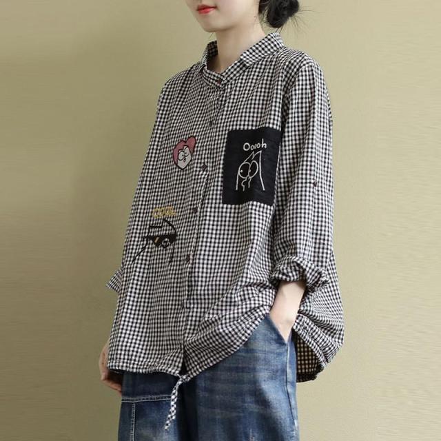 Plus Size Women Casual Shirt New  Korean Style Vintage Plaid Cartoon Embroidery Oversized Female Woman Blouses Shirts P1278