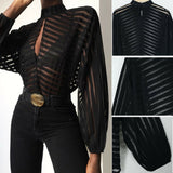 xakxx Sexy Black Women Mesh Sheer Blouses Ladies Long Sleeve Striped Front Hollow Out Transparent Shirts Blusas Mujer Camisas