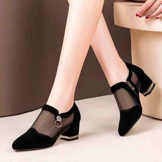 xakxx Summer Women High Heel Shoes Mesh Breathable Pumps Zip Pointed Toe Thick Heels Fashion Female Dress Shoes Elegant Footwear
