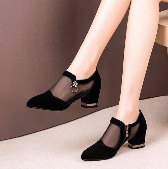 xakxx Summer Women High Heel Shoes Mesh Breathable Pumps Zip Pointed Toe Thick Heels Fashion Female Dress Shoes Elegant Footwear