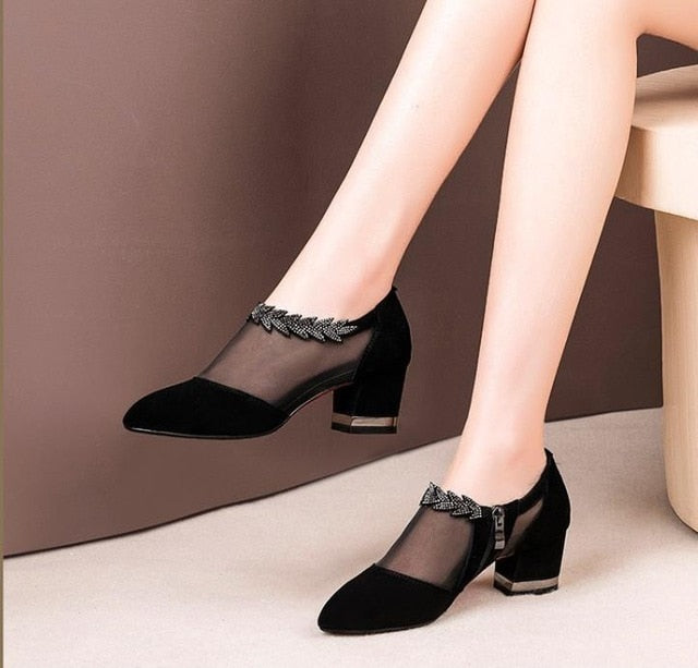 xakxx Summer Women High Heel Shoes Mesh Breathable Pumps Zip Pointed Toe Thick Heels Fashion Female Dress Shoes Elegant Footwear