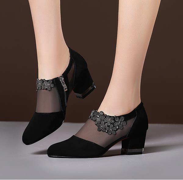 xakxx Summer Women High Heel Shoes Mesh Breathable Pumps Zip Pointed Toe Thick Heels Fashion Female Dress Shoes Elegant Footwear