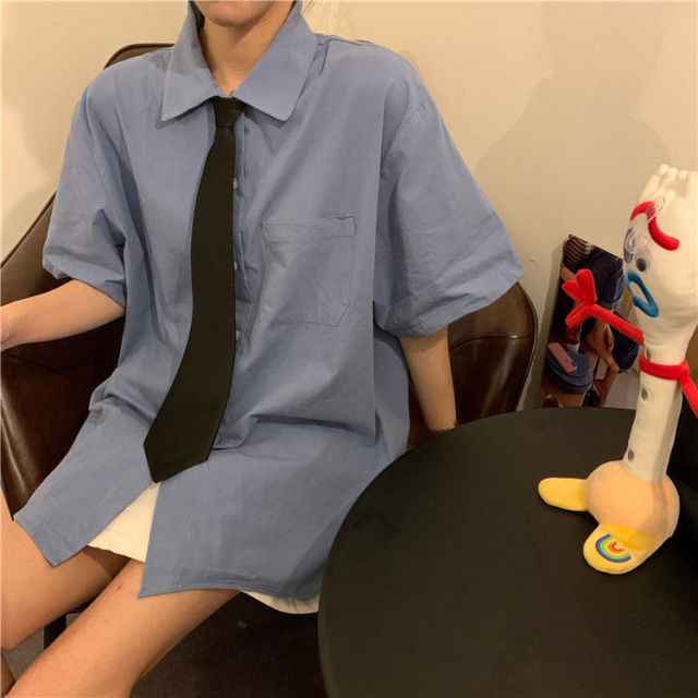 xakxx Shirts Women Short Sleeve blouses Solid Bf Oversize Loose Turn Down Collar College Simple Womens All-match Harajuku  Summer