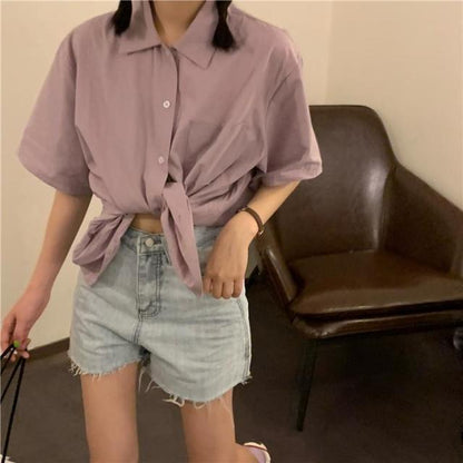 xakxx Shirts Women Short Sleeve blouses Solid Bf Oversize Loose Turn Down Collar College Simple Womens All-match Harajuku  Summer
