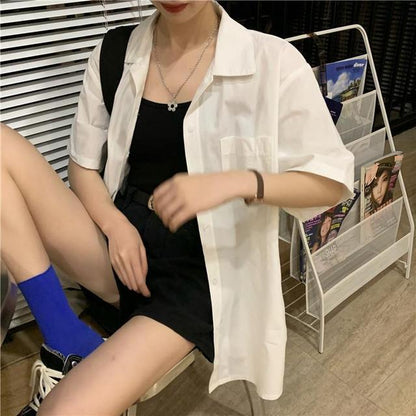 xakxx Shirts Women Short Sleeve blouses Solid Bf Oversize Loose Turn Down Collar College Simple Womens All-match Harajuku  Summer