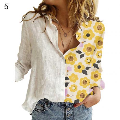Women Long Sleeve printing Shirts Sexy Shirt Fashion Women Buttons Long Sleeve Sunflower Cats Patchwork Blouses Office Shirt