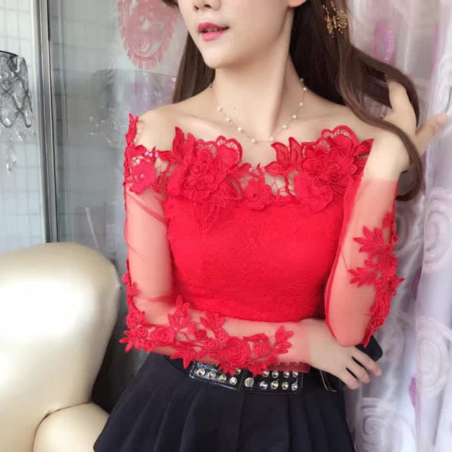 Summer Fashion Lace Blouse Sexy Slash Neck one off Shoulder Shirts Ladies Office korean Tops Long sleeved autumn costumes