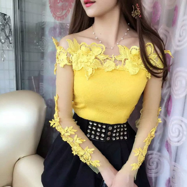 Summer Fashion Lace Blouse Sexy Slash Neck one off Shoulder Shirts Ladies Office korean Tops Long sleeved autumn costumes