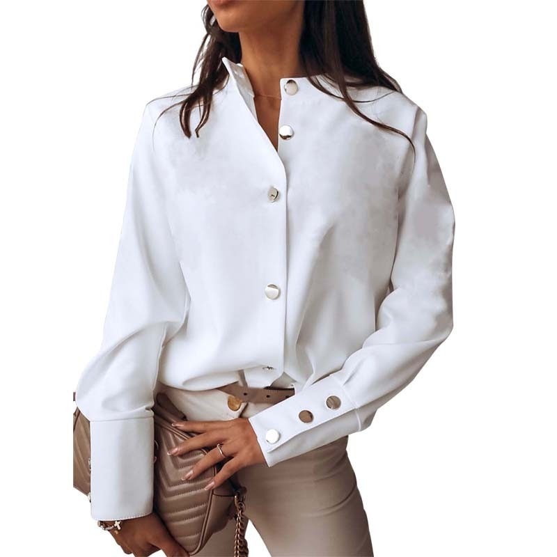 xakxx xakxx Autumn White Blouse Womens Casual Fashion Stand Collar Long Sleeve Plus Size Office Ladies Shirt Elegant Female Tops And Blouses