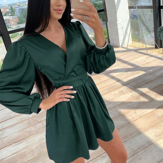 xakxx Women Deep V-Neck Mini Dress Lantern Sleeve Solid Sashes Satin Party A line Dress Autumn New Office Lady Vintage Dress