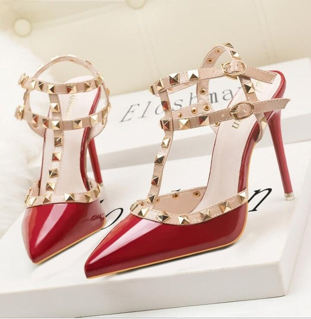 Roman fashion rivet sandals 10CM PUMPS Woman shoes Sexy nightclub stiletto heels patent-leather metallic rivet hollow