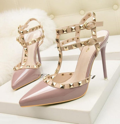 Roman fashion rivet sandals 10CM PUMPS Woman shoes Sexy nightclub stiletto heels patent-leather metallic rivet hollow