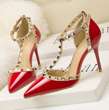 Roman fashion rivet sandals 10CM PUMPS Woman shoes Sexy nightclub stiletto heels patent-leather metallic rivet hollow