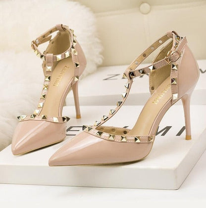 Roman fashion rivet sandals 10CM PUMPS Woman shoes Sexy nightclub stiletto heels patent-leather metallic rivet hollow