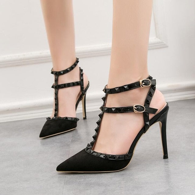 Roman fashion rivet sandals 10CM PUMPS Woman shoes Sexy nightclub stiletto heels patent-leather metallic rivet hollow