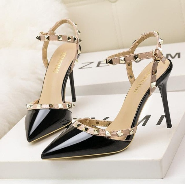 Roman fashion rivet sandals 10CM PUMPS Woman shoes Sexy nightclub stiletto heels patent-leather metallic rivet hollow