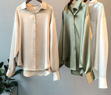 xakxx High Quality Elegant Imitation Silk Blouse Spring Women Fashion Long Sleeves Satin Blouse Vintage Femme Stand Street Shirts