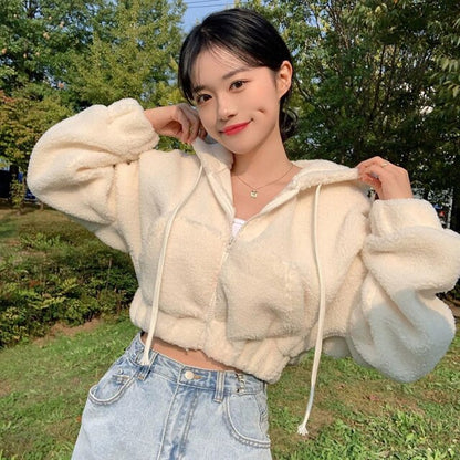 xakxx Furry Hooded Cropped Jackets Zipper Coats Women'S Jacket Winter Black Short Jacket 90s Harajuku Korean Female  New