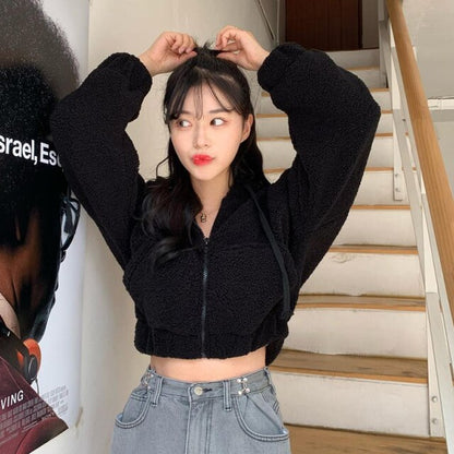 xakxx Furry Hooded Cropped Jackets Zipper Coats Women'S Jacket Winter Black Short Jacket 90s Harajuku Korean Female  New