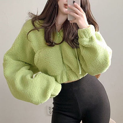 xakxx Furry Hooded Cropped Jackets Zipper Coats Women'S Jacket Winter Black Short Jacket 90s Harajuku Korean Female  New