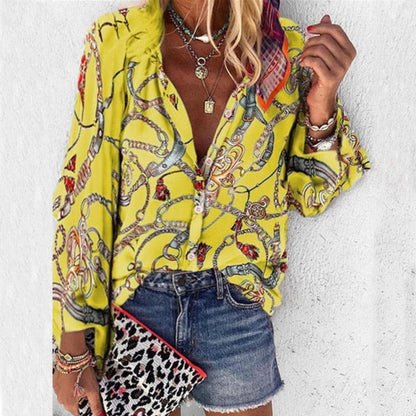 xakxx New Fashion Daisy Floral Print Shirts Women V Neck Long Sleeve Button Tops Casual Loose Plus Size Blouse