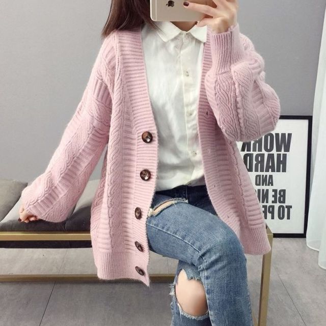 Fall outfits  Sweater cardigan jacket female loose Korean student spring and autumn  new sweater trend round button net red hot sale old K