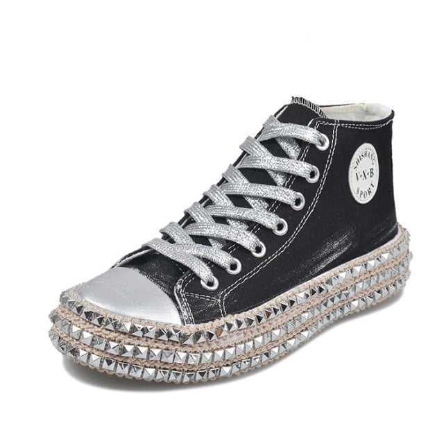 xakxx Women Sneakers Leopard Rivets Shoes Women Canvas Shoes Leisure Lace-Up Low High Top Sneakers Basket Femme Big Size Women Shoes