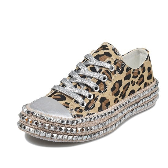 xakxx Women Sneakers Leopard Rivets Shoes Women Canvas Shoes Leisure Lace-Up Low High Top Sneakers Basket Femme Big Size Women Shoes