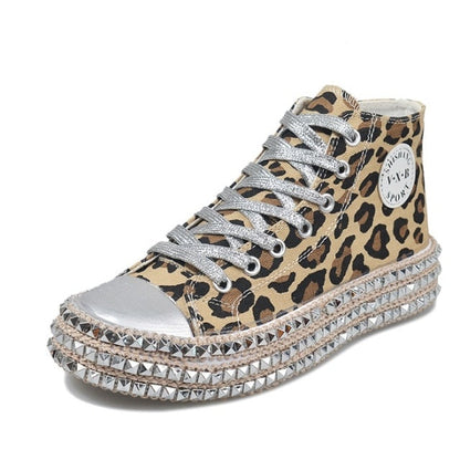 xakxx Women Sneakers Leopard Rivets Shoes Women Canvas Shoes Leisure Lace-Up Low High Top Sneakers Basket Femme Big Size Women Shoes