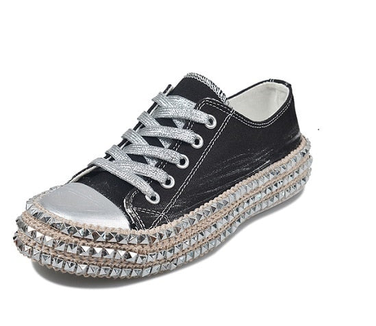 xakxx Women Sneakers Leopard Rivets Shoes Women Canvas Shoes Leisure Lace-Up Low High Top Sneakers Basket Femme Big Size Women Shoes