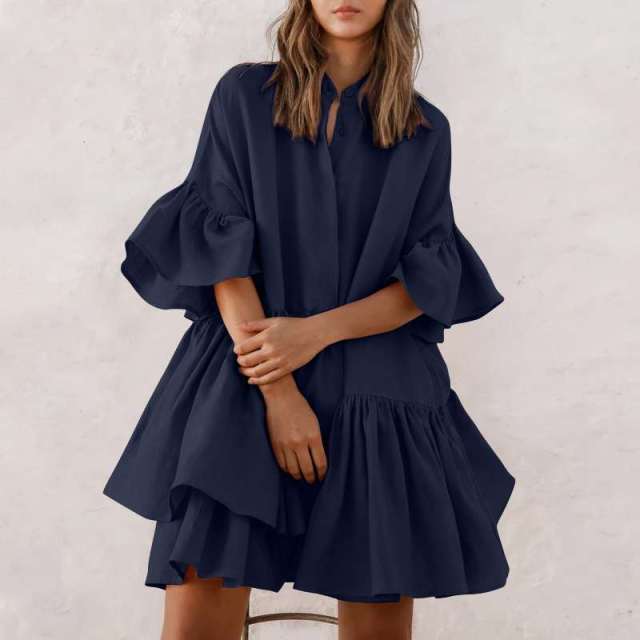 Celmia Bohemian Summer Sundress  Women Ruffled Party Mini Dress Sexy Half Sleeve Buttons Casual Solid Beach Vestidos Robe