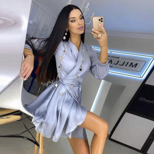 xakxx Women Satin Fashion A Line Mini Dress V Neck Front Cross Long Sleeve Sashes High Waist Casual Pleated Dress  New Women Dress