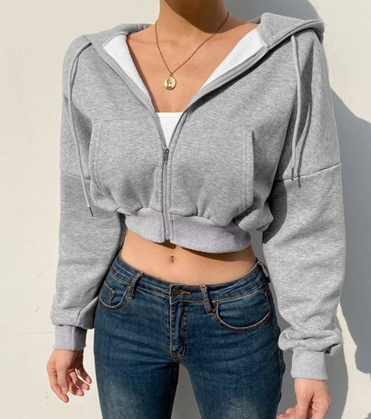 Harajuku Thicken Hoodies Cropped Top Women'S Sweatshirts Pocket Jacket Clothing Femme Korean Solid Hooded Zip Up Top