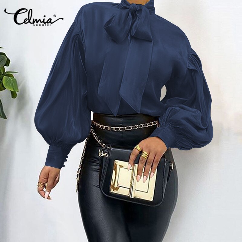 Elegant Office Women Puff Sleeve Blouses Bow Collar Solid Shirts  Fashion Casual Loose Tunic Tops Party Blusas Femme