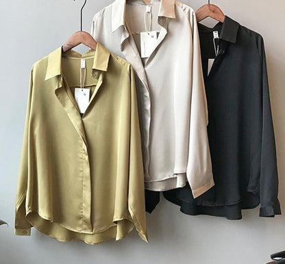 xakxx Satin Blouse Women Korean Long Sleeves V-Neck Soft Shirts Spring Elegant Imitation Silk Tops