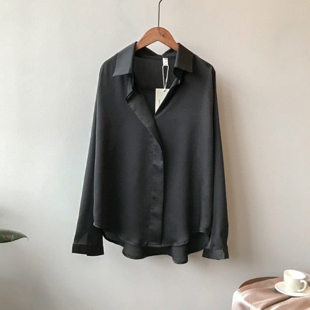 xakxx Satin Blouse Women Korean Long Sleeves V-Neck Soft Shirts Spring Elegant Imitation Silk Tops