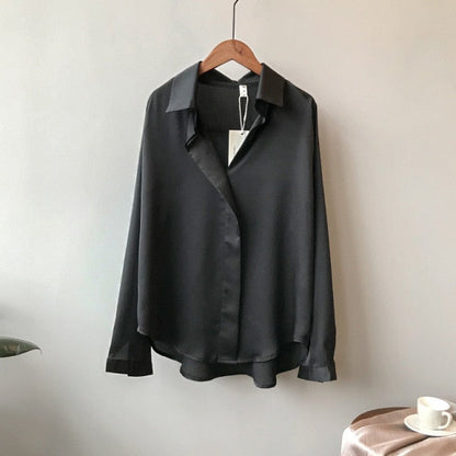 xakxx Satin Blouse Women Korean Long Sleeves V-Neck Soft Shirts Spring Elegant Imitation Silk Tops