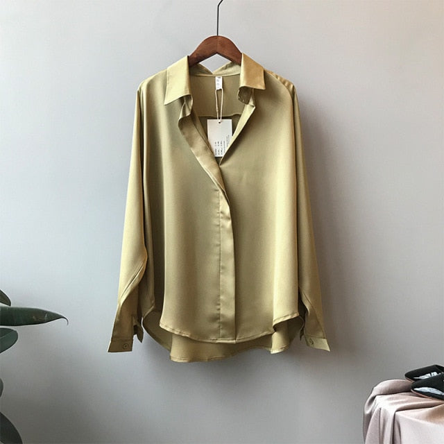 xakxx Satin Blouse Women Korean Long Sleeves V-Neck Soft Shirts Spring Elegant Imitation Silk Tops