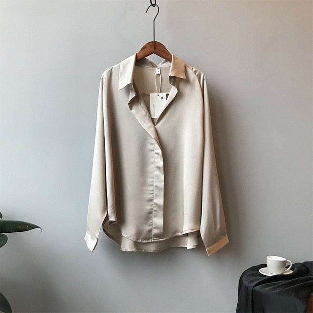 xakxx Satin Blouse Women Korean Long Sleeves V-Neck Soft Shirts Spring Elegant Imitation Silk Tops