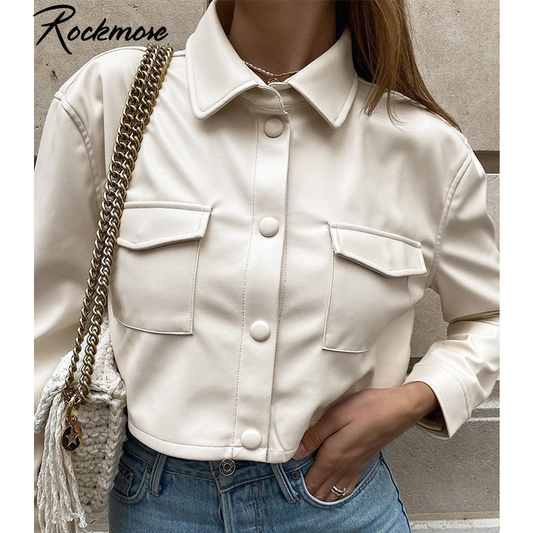 PU Leather Jackets Women Autumn Winter Windbreaker Costs Basic Cropped Coat Outwear Buttons Pockets Moto Biker Punk Top